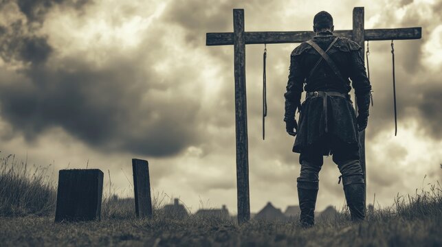 Medieval Warrior Stands Before Gallows And Graves