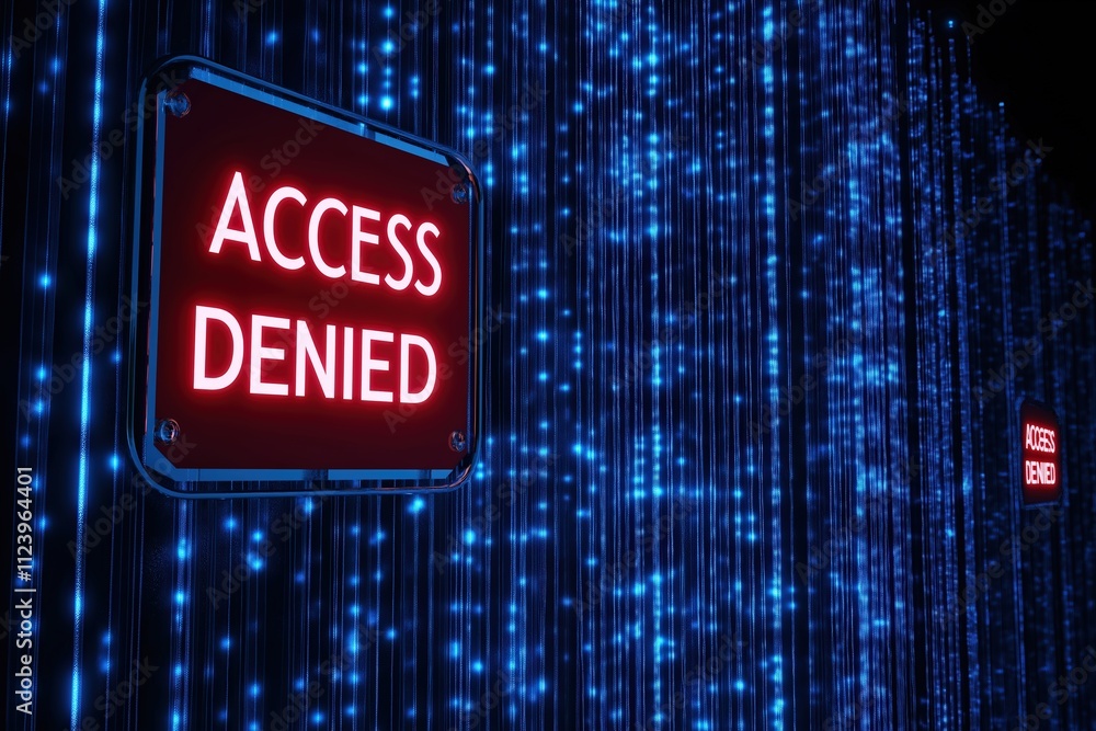 Poster access denied sign illuminated in a digital environment with blue lights in the background