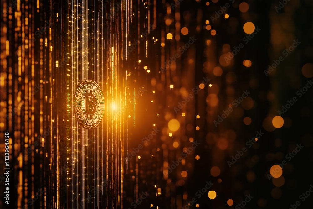 Poster bitcoin symbol surrounded by glowing digital elements in a dark setting