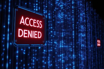 Access denied sign illuminated in a digital environment with blue lights in the background