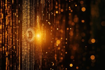 Bitcoin symbol surrounded by glowing digital elements in a dark setting