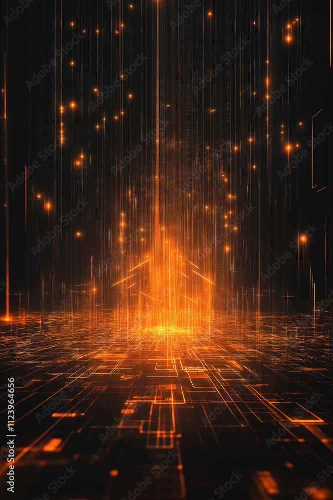 Poster dynamic orange light patterns create a futuristic digital landscape with glowing lines and particles