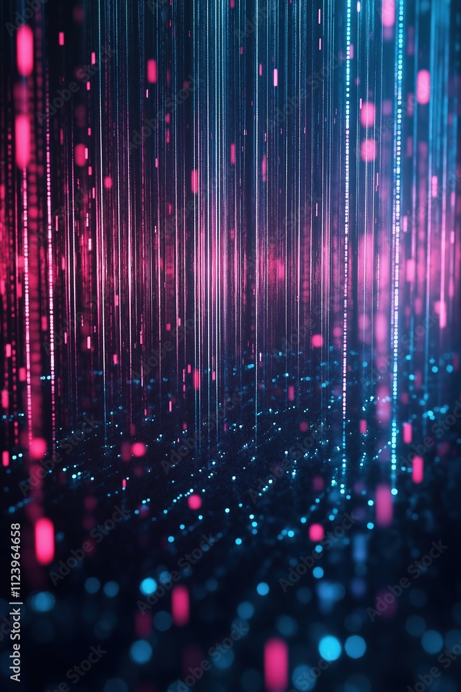 Poster colorful digital light patterns create an abstract atmosphere with glowing lines and dots