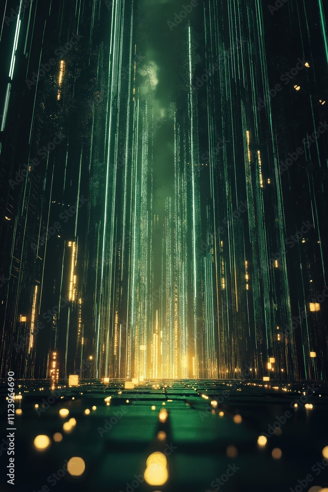 Poster exploring a futuristic digital landscape filled with glowing lights and towering structures