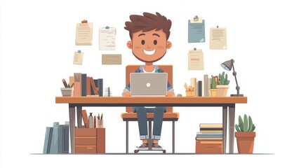 Fototapeta premium Friendly Young Man at Workstation with Laptop and Stationery Items