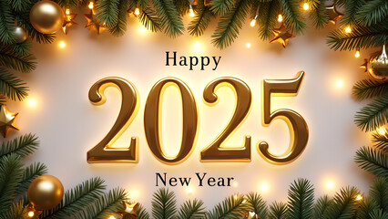 Happy 2025 New Year banner with festive decorations. Concept of celebration, holiday, and new beginnings.