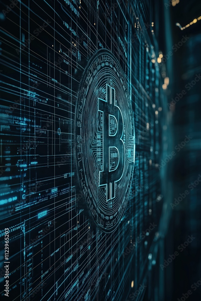 Poster bitcoin symbol illuminated against a backdrop of digital data in a virtual environment