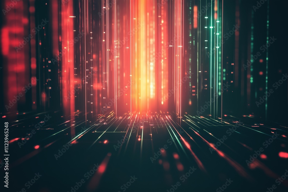 Poster digital light rays create a vibrant abstract background with glowing lines and particles