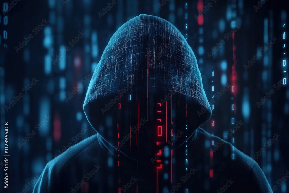 Aufkleber mysterious figure in a hood surrounded by digital code in a dark environment