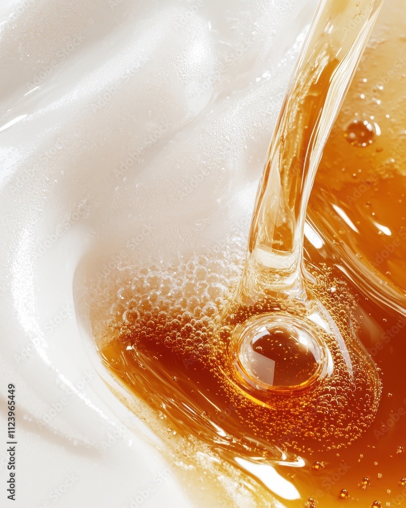 Poster macro shot of serum texture featuring visible molecules laboratory setting scientific close-up view 