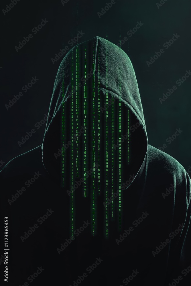 Poster mysterious figure in a dark hoodie with flowing binary code in a shadowy environment
