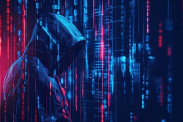 Mysterious figure in hoodie among digital streams at night representing cybersecurity themes