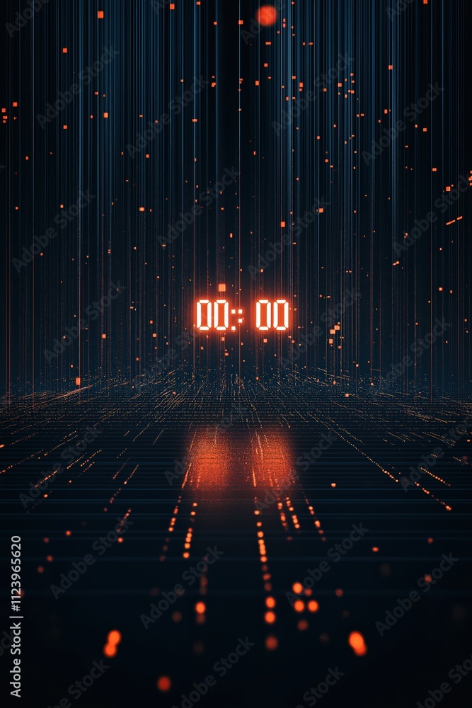 Poster futuristic digital countdown display in a vibrant neon environment with abstract elements