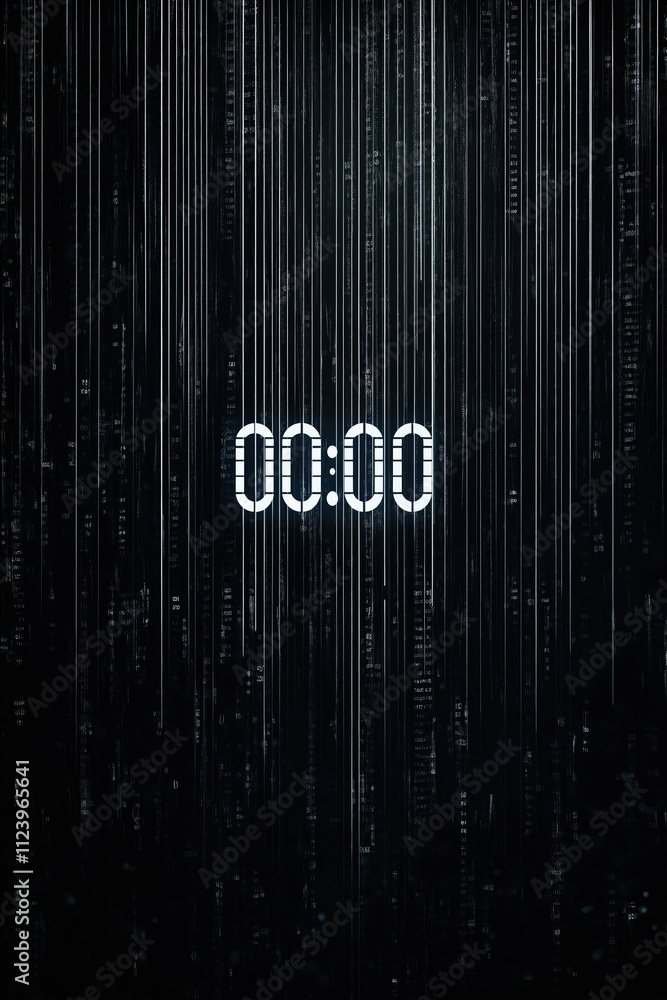 Poster digital countdown timer display at midnight with glitch effect background