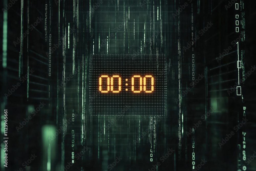 Poster digital countdown timer with glowing numbers in a dark, cyber-themed environment