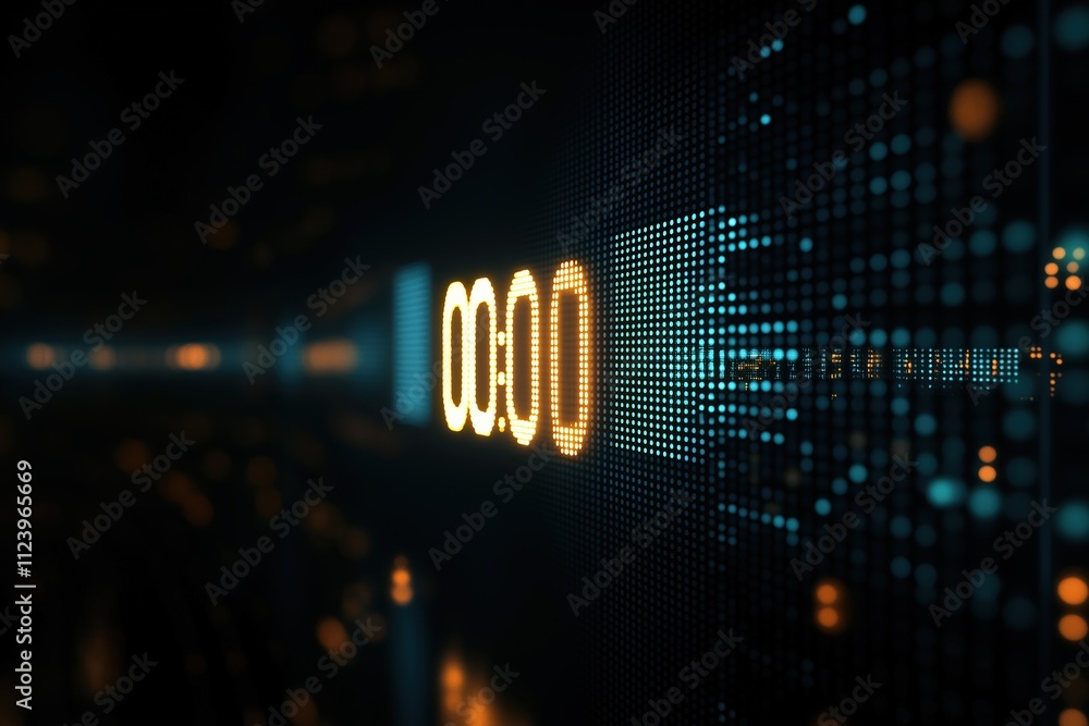 Poster digital countdown timer with glowing display in a dark environment highlighting anticipation