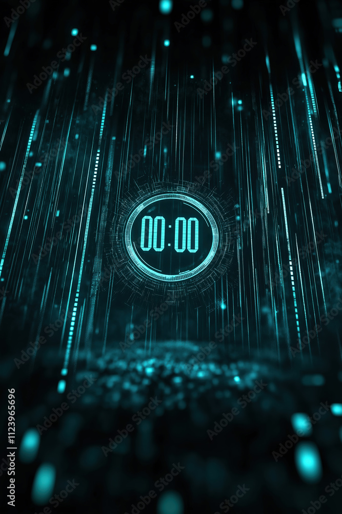 Poster digital countdown timer in a futuristic blue environment with flowing light effects
