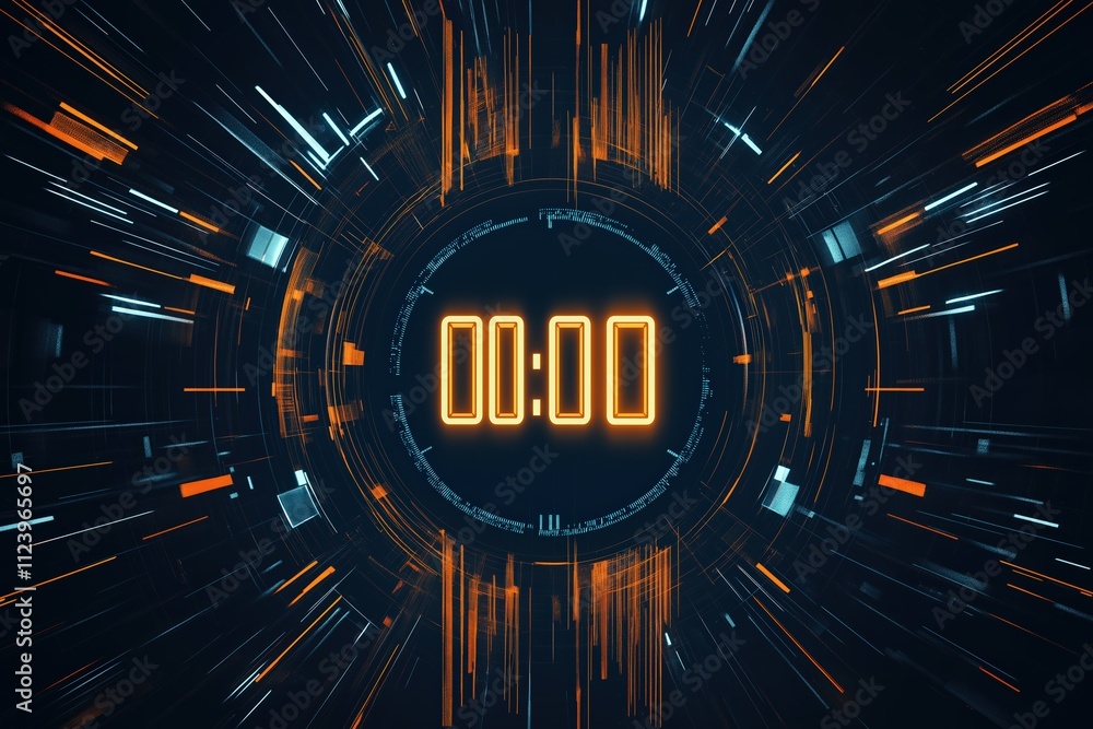 Poster countdown timer display with vibrant colors showing zero at a high-tech setting