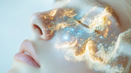 Fototapeta premium Cosmic visionyoung thinker amidst vibrant galaxies dreamlike portrait ethereal environment introspective perspective