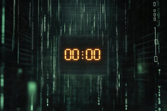 Digital countdown timer with glowing numbers in a dark, cyber-themed environment