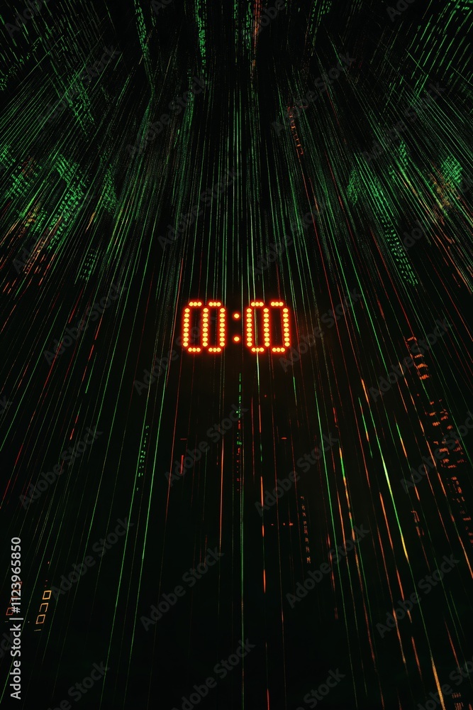 Poster countdown timer displayed with digital rain backdrop in a tech-inspired environment