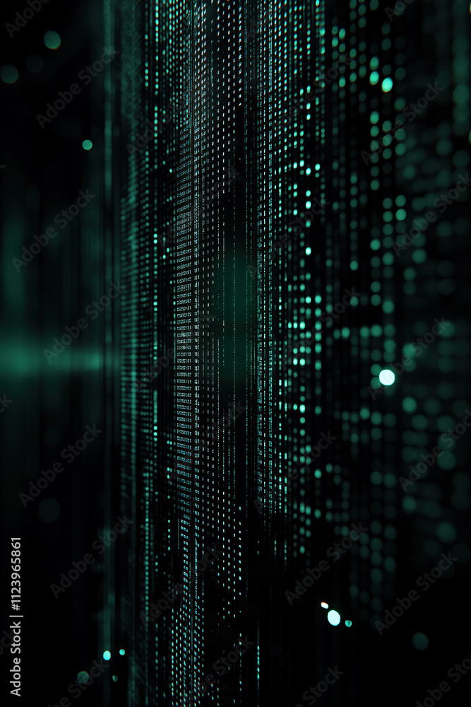 Poster digital data flow creates intricate patterns in a dark environment