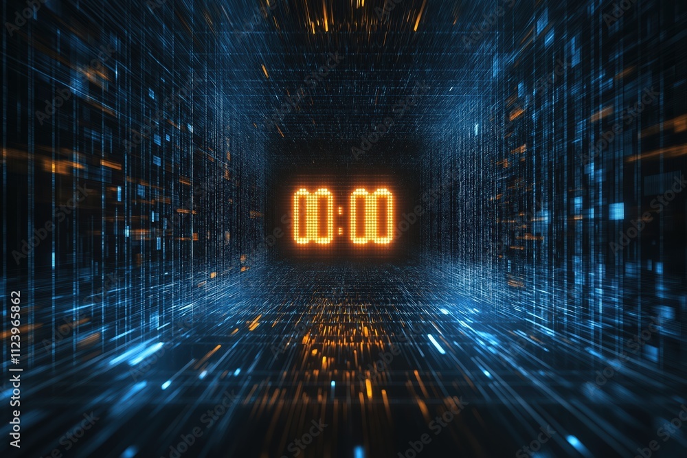 Poster digital countdown timer at zero in a futuristic tunnel of lights and data