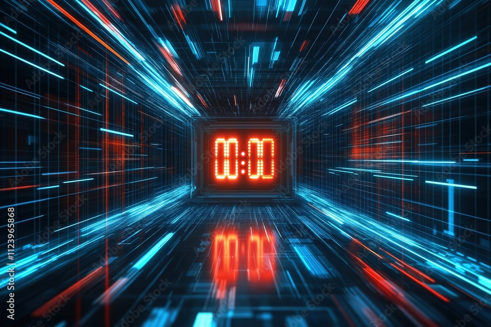 Poster digital countdown timer with vibrant neon lights in a futuristic design