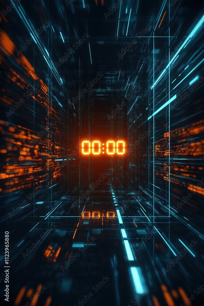 Poster digital countdown timer displayed in a futuristic virtual environment with glowing elements