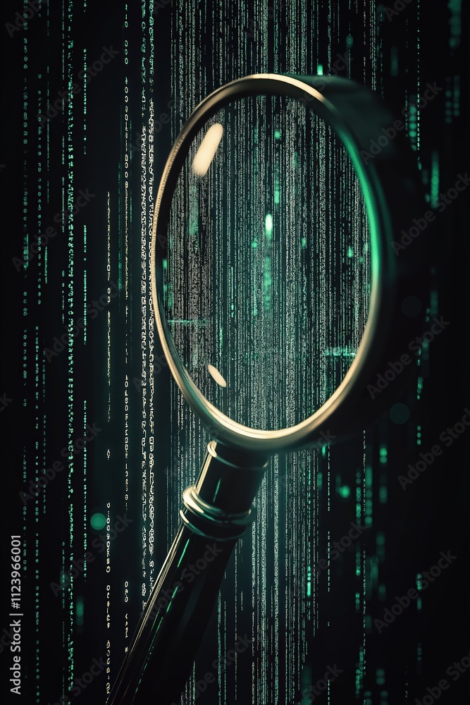 Poster close-up of magnifying glass revealing digital code in a tech-inspired setting
