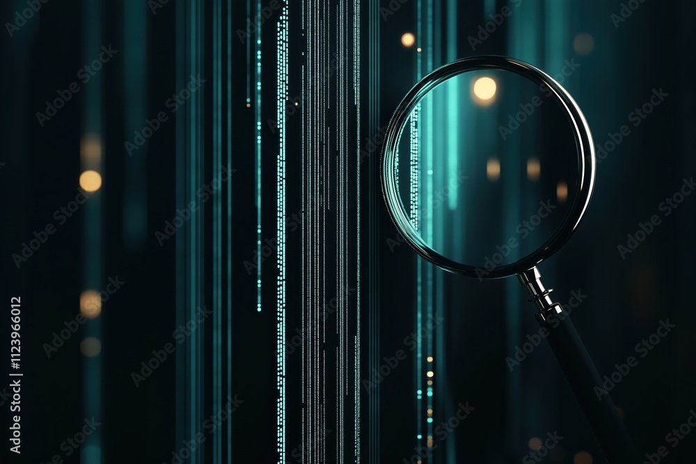 Poster magnifying glass examining glowing binary code against a dark background
