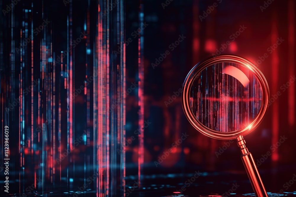 Poster exploring digital data through a magnifying glass on a vibrant background