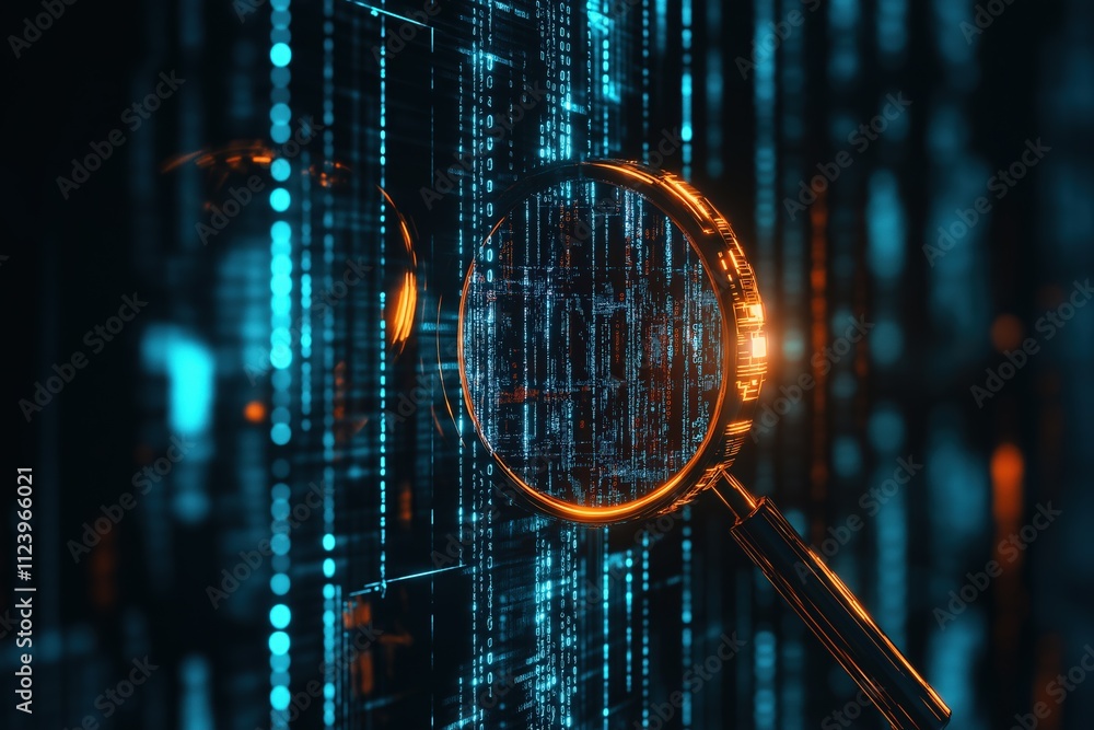 Aufkleber digital magnifying glass observing data streams in a futuristic setting at night