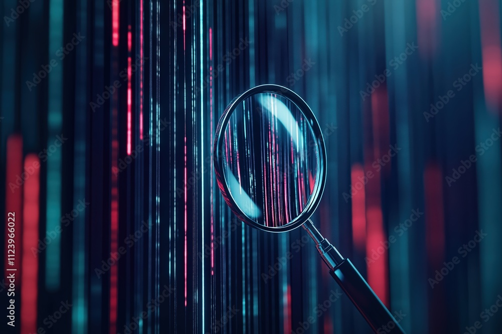 Poster exploring digital data patterns with a magnifying glass in a modern, futuristic setting
