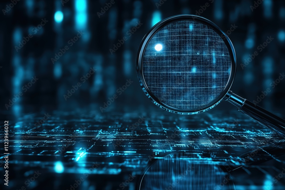 Poster magnifying glass focusing on digital data patterns in a futuristic setting