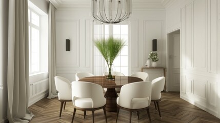 Fototapeta premium A cozy dining room features a round wooden table surrounded by white upholstered chairs with a large decorative plant as the centerpiece