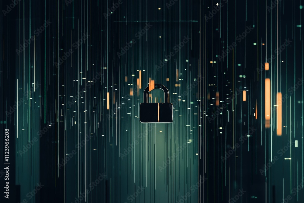 Poster digital lock suspended in a futuristic environment with glowing elements and falling lines