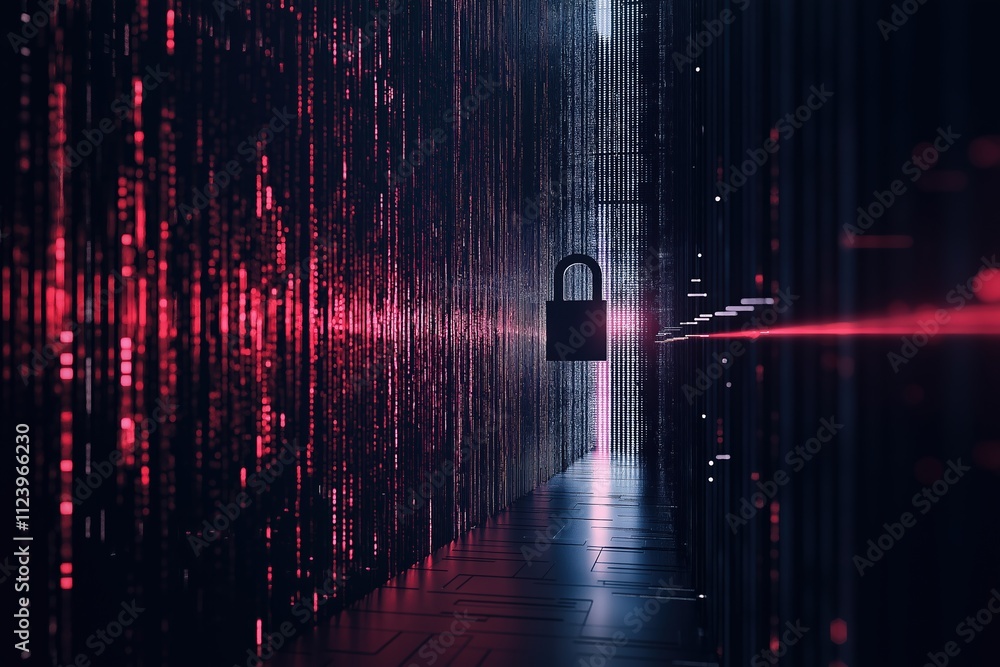 Poster data security concept featuring a padlock in a digital environment with binary code