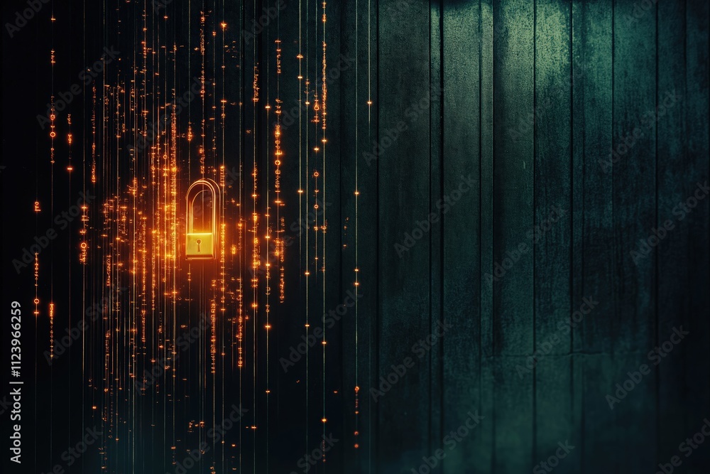 Poster abstract digital lock background with glowing particles in a dark setting
