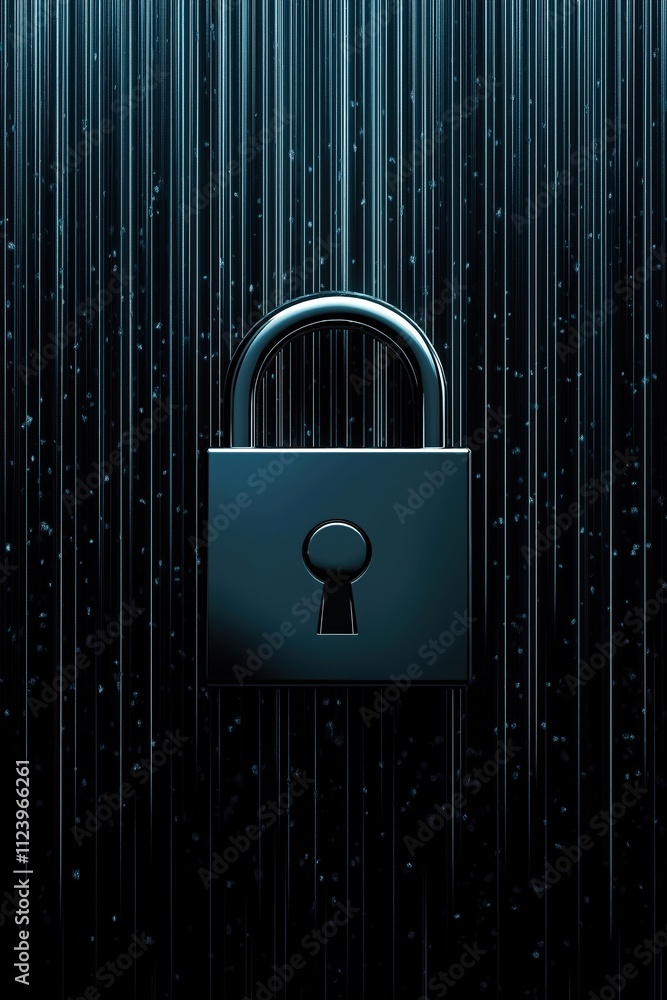 Poster secure lock against a digital backdrop with falling lines of light representing encryption