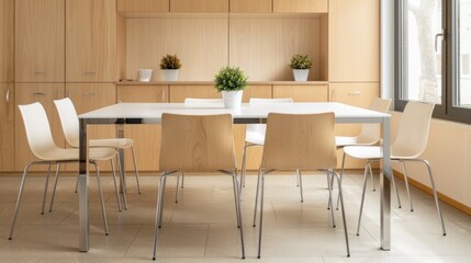 Fototapeta premium Sleek dining table surrounded by light-colored chairs, featuring potted plants in a minimalist kitchen during daylight