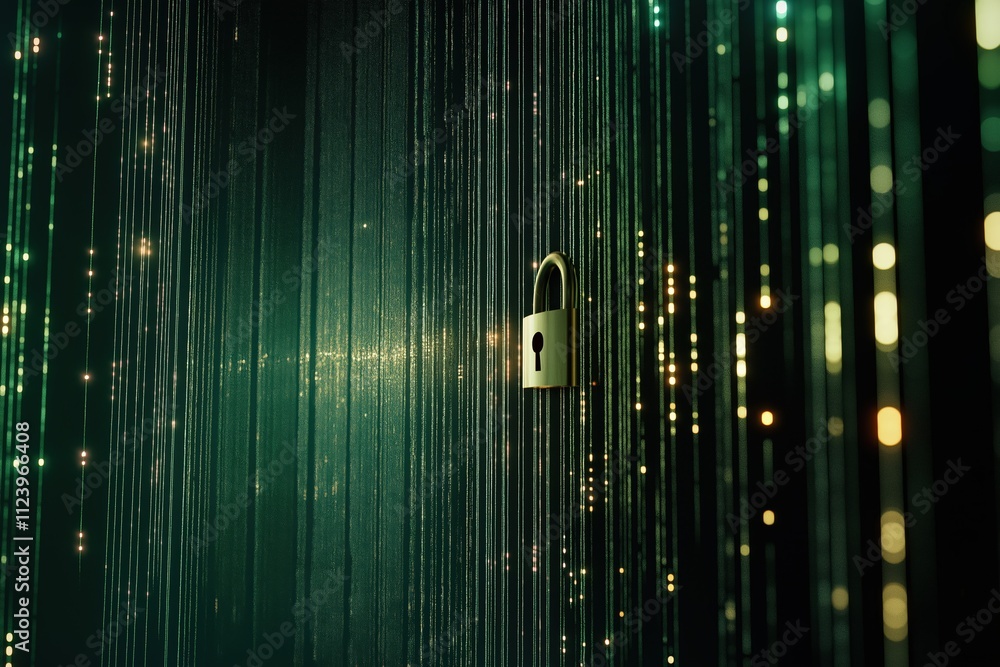 Poster visual representation of a digital lock with cascading binary code in a dark environment