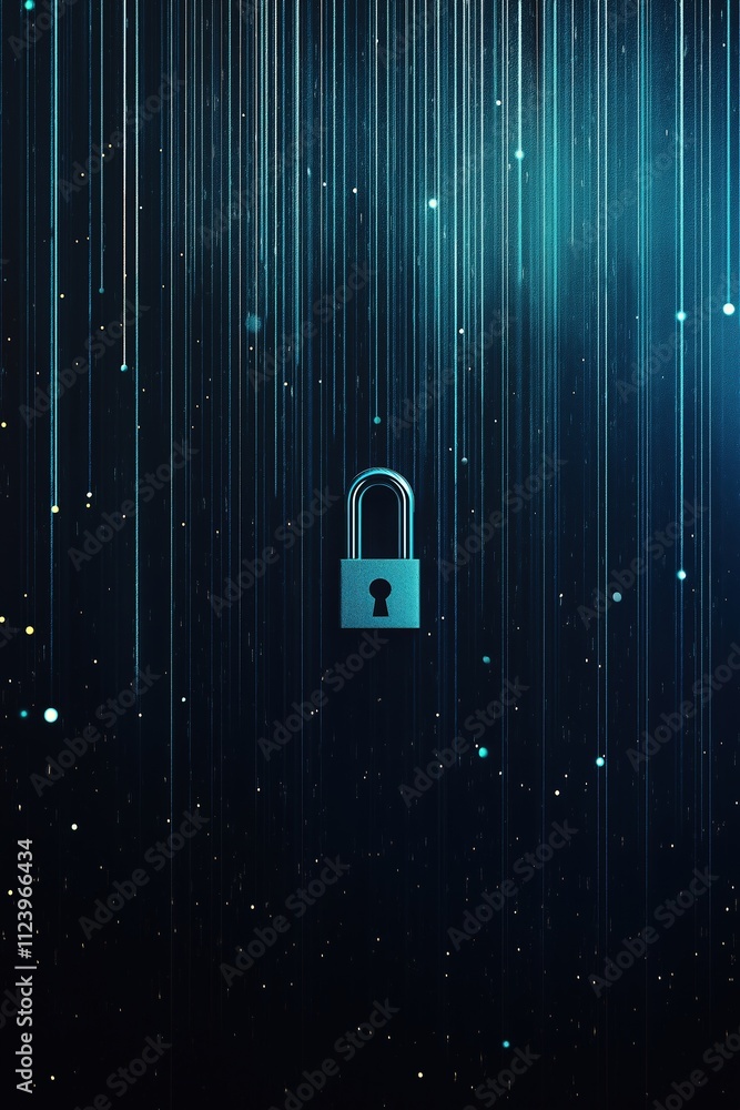 Poster digital lock symbol surrounded by glowing lines and particles in a dark background