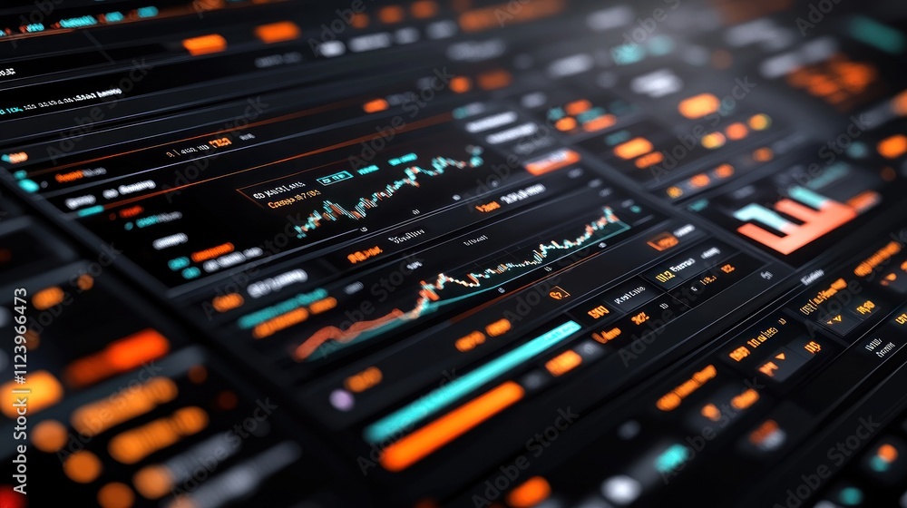 Poster close-up of a computer screen displaying stock market data, charts, and graphs with orange and teal 