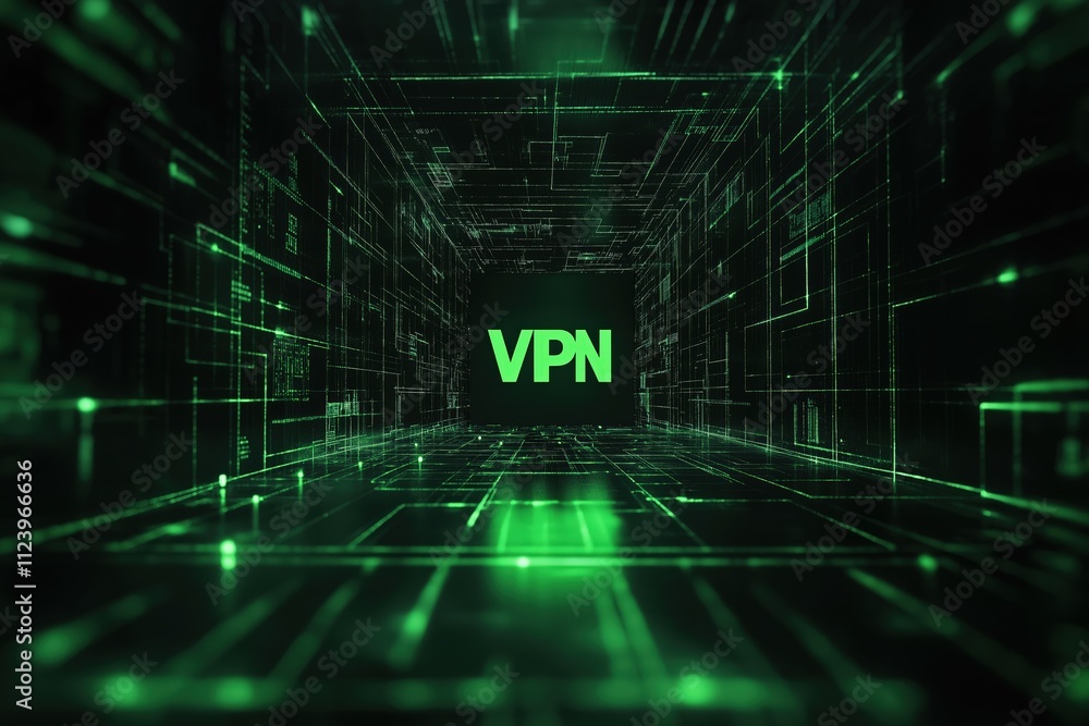 Poster virtual environment showcasing vpn technology with green digital patterns and interconnected lines