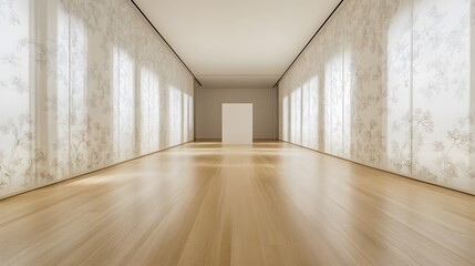 Obraz premium Minimalist Gallery Room With Light Wood Floor And Floral Walls
