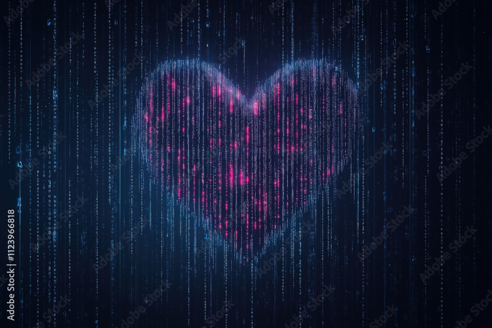 Poster digital heart shape created with glowing particles on a dark background