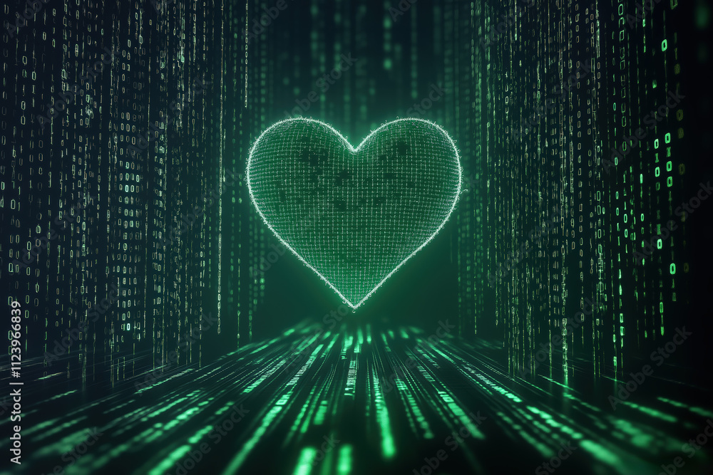 Poster heart symbol illuminated by digital binary code on a dark background during a futuristic display