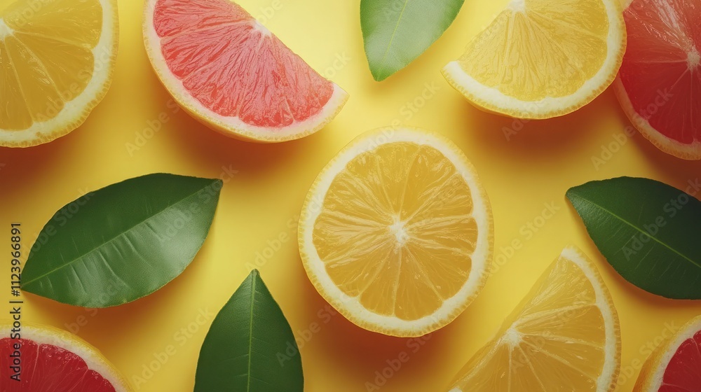 Poster flat lay of lemon and grapefruit slices with leaves on yellow background.