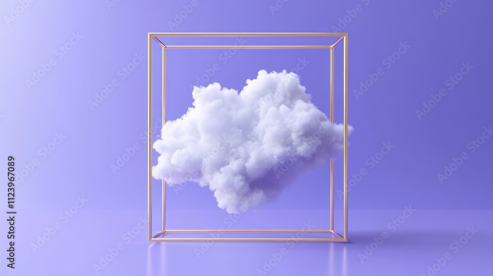 Aufkleber 3d render white fluffy clou3d flying through the golden square frame minimal room interior levitatio